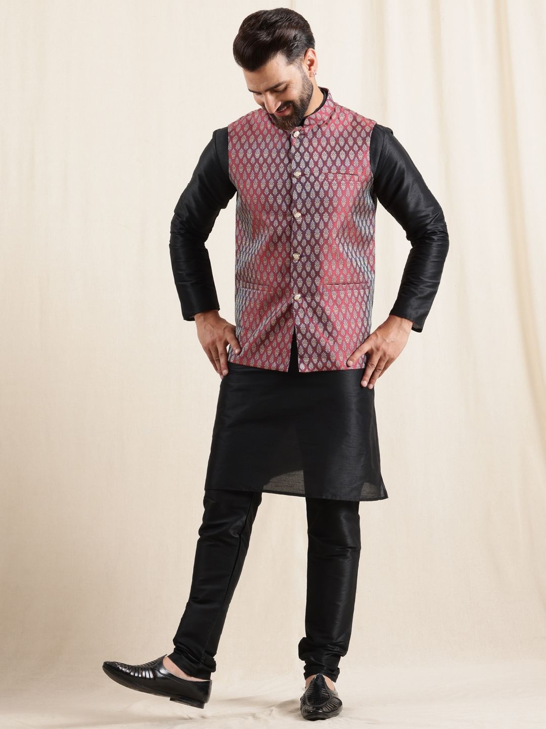 Anouk Men Mandarin Collar Kurta with Pyjamas With Woven Maroon Nehru Jacket