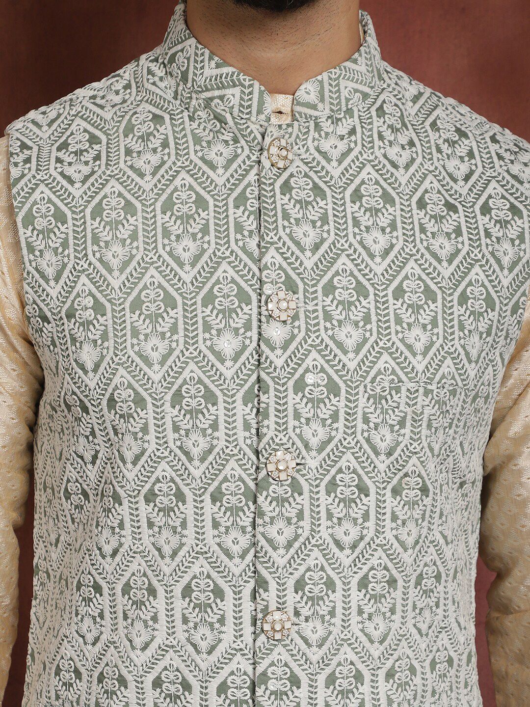 Anouk Ethnic motifs  Woven Design Mandarin Collar Long Sleeves Kurta Set