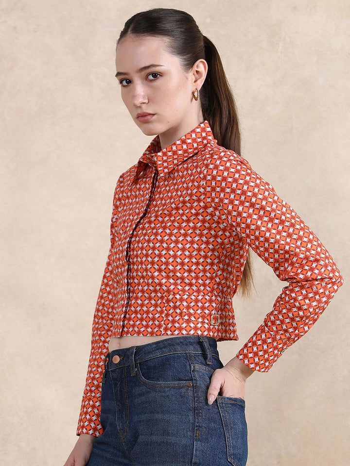 Rareism Geometric Printed Cotton Shirt Gaya Tanaman Top