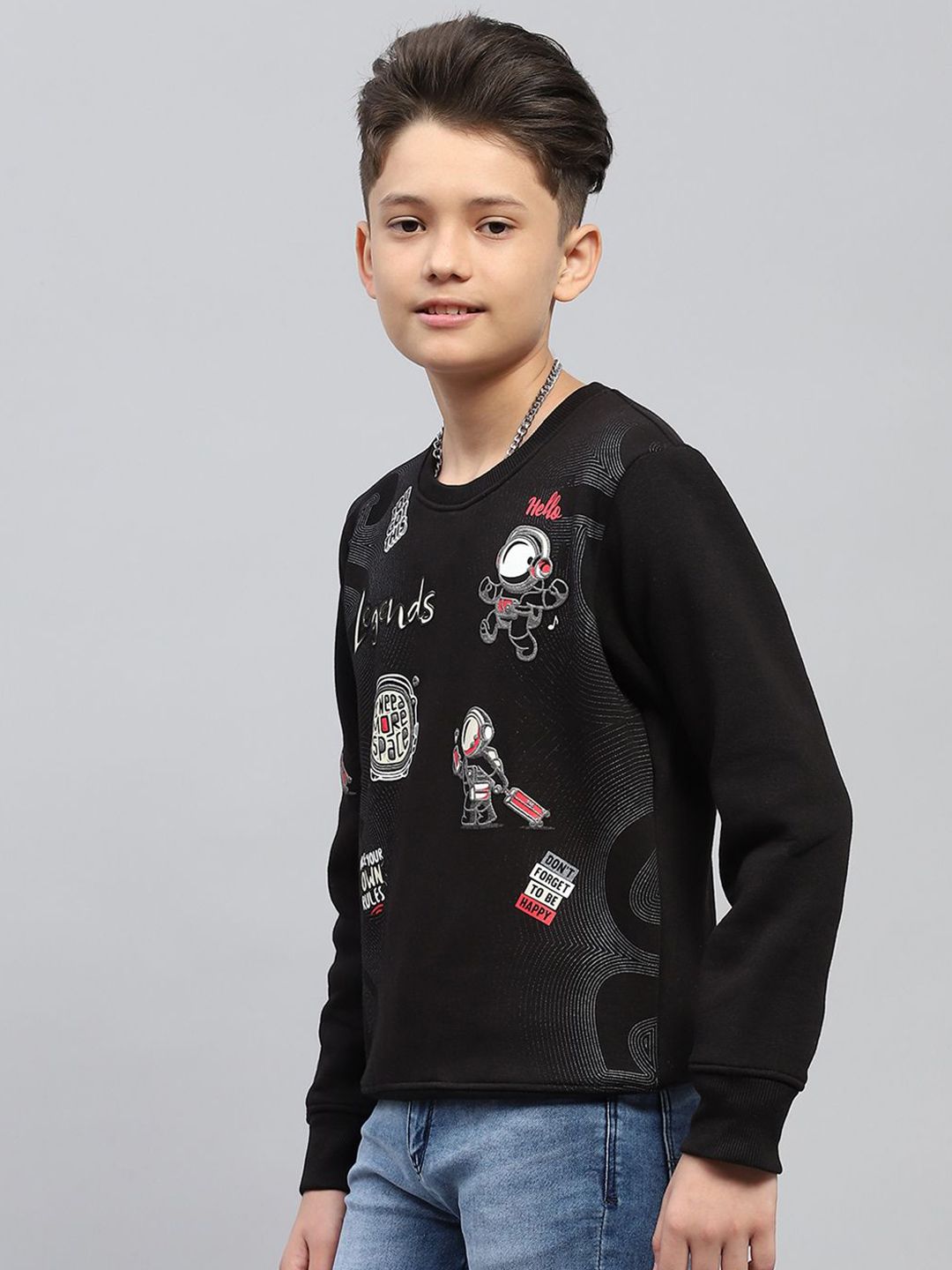 Monte Carlo Boys Black CottonRound neck Long Sleeves Printed Sweatshirt