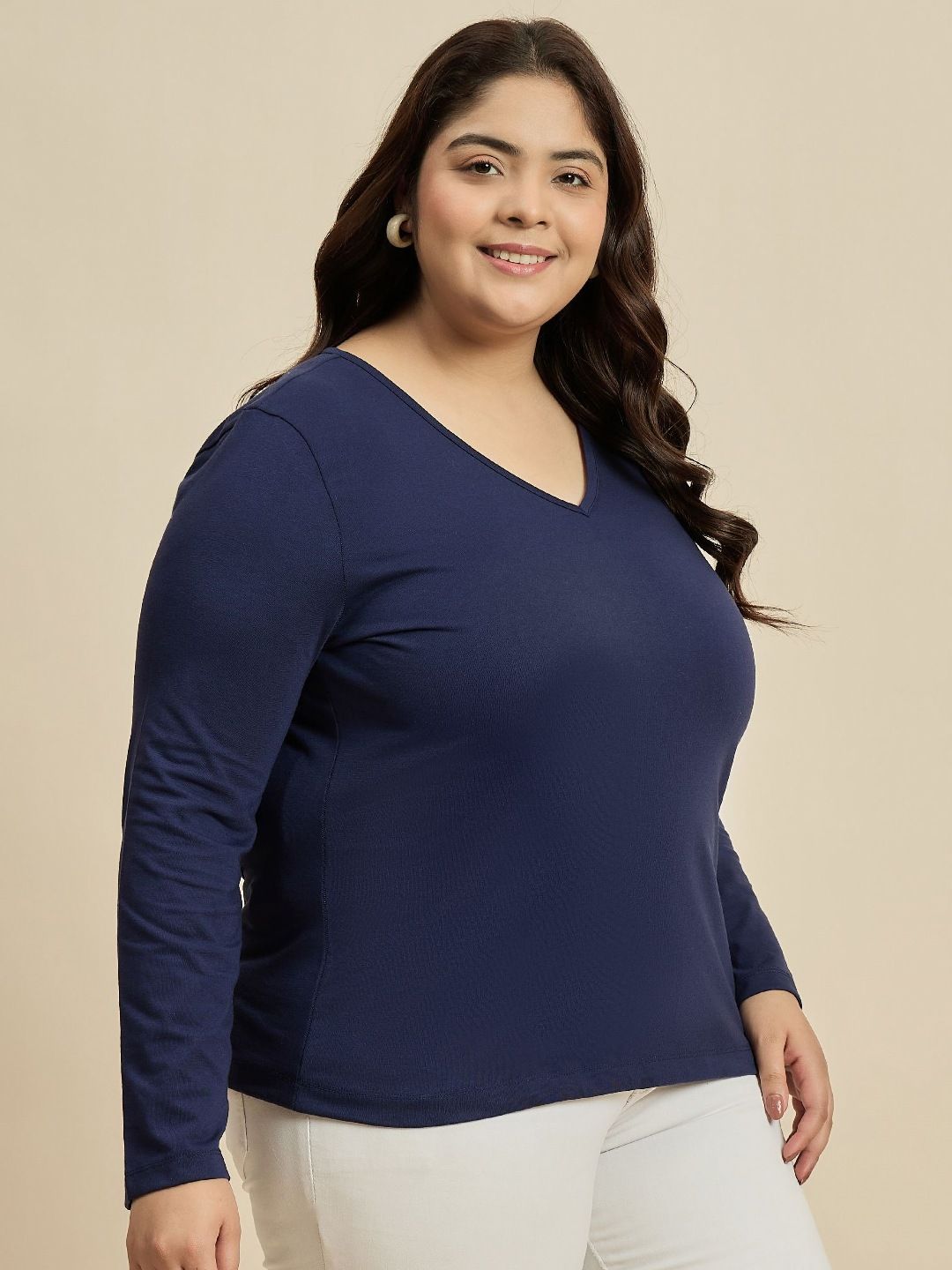 CURVY STREET Women Solid V-Neck Cotton Plus Size T-shirt
