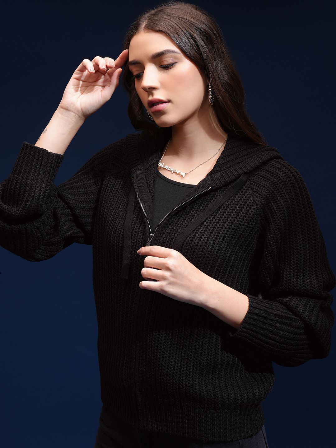 Tokyo Talkies Women Cable Knit Hooded Pullover Sweater