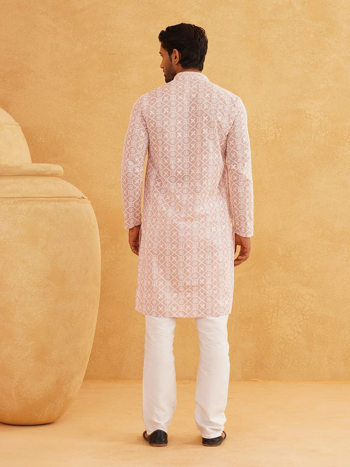 SOJANYA Floral Embroidered Sequinned Band Collar Pure Cotton Kurta With Churidar