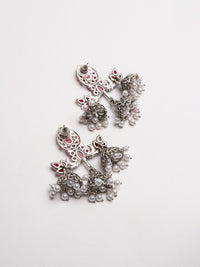 PANASH Silver Plated Stones Studded And Beaded Contemporary Oxidized Drop Earrings