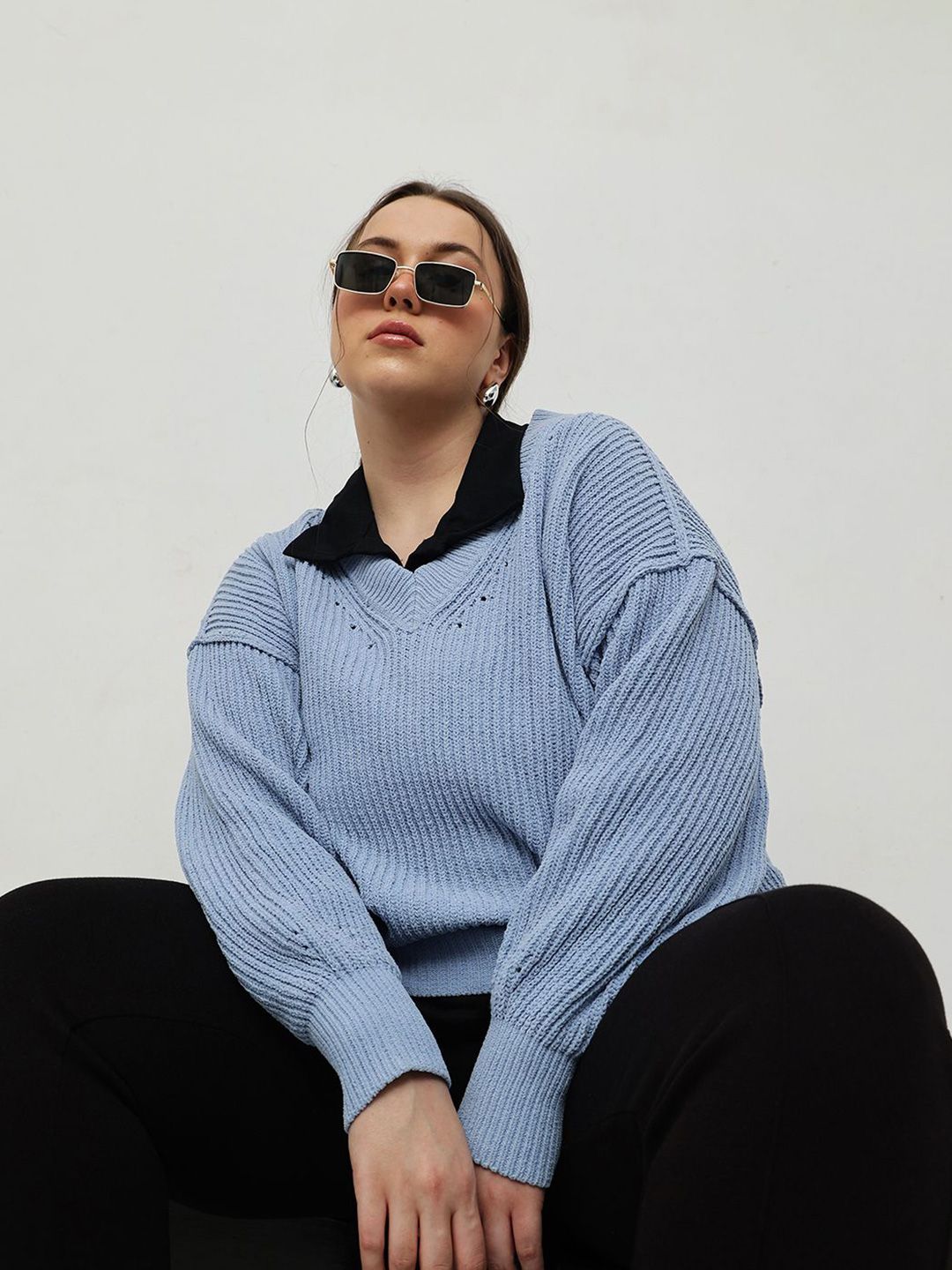 CURVY STREET Women Ribbed V-Neck Pullover Sweater