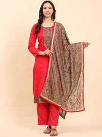 Mamicha Women Floral Yoke Design Thread Work Pure Cotton Kurta with Palazzo & Dupatta