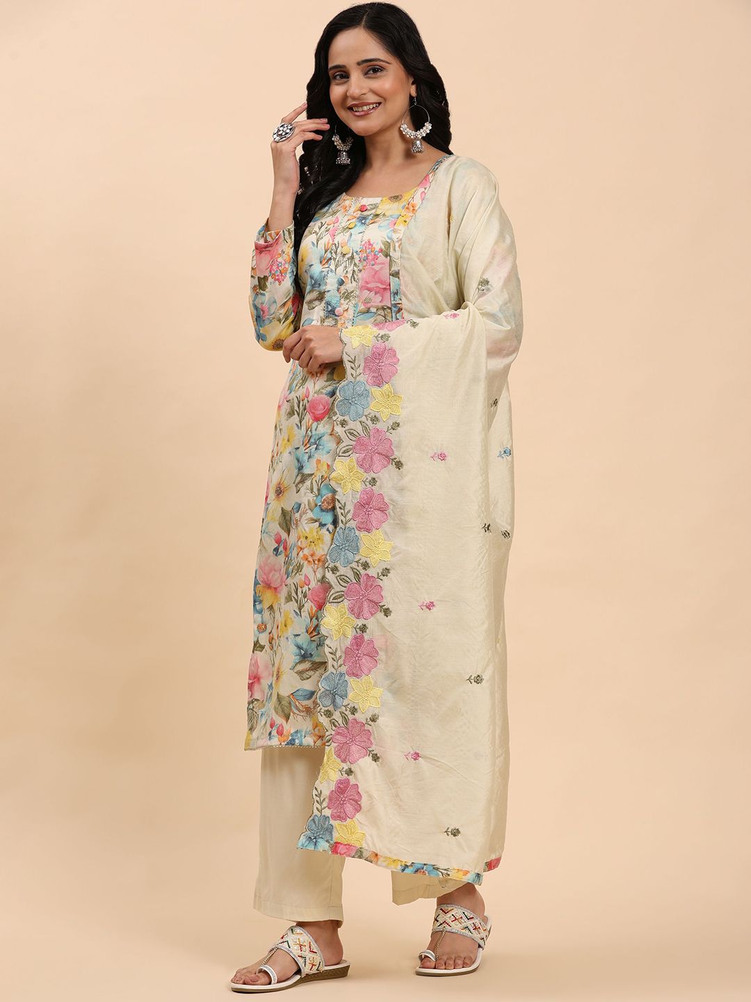 Mamicha Women Floral Printed Regular Thread Work Pure Cotton Kurta with Palazzos & With Dupatta