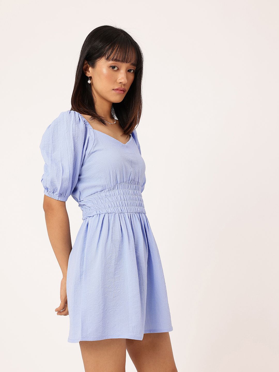 DressBerry Elegant Chic Cinched Waist Seersucker A-Line Mini Dress