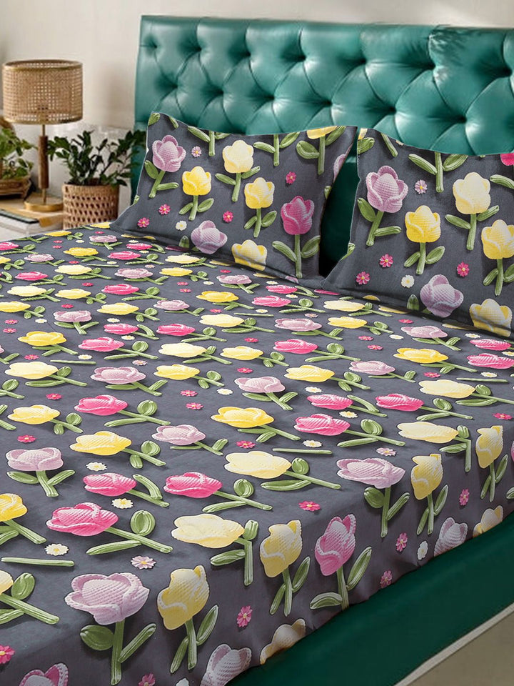 KLOTTHE Grey Floral 300TC King Superfine 7D Cadar & 2 Sarung Bantal-2.50mx2.25m