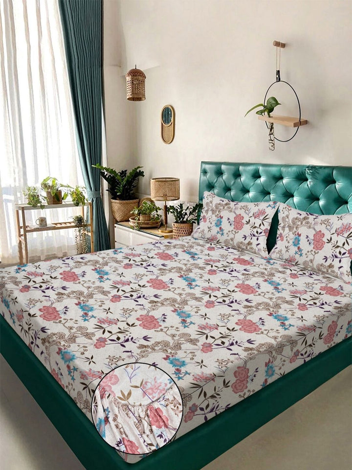 Aura White & Pink Floral 300 TC Set Cadar Double King-2.50 m x 2.25 m