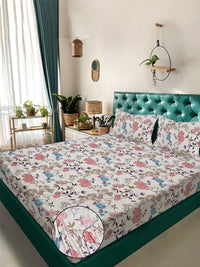 Aura White & Pink Floral 300 TC Set Cadar Double King-2.50 m x 2.25 m