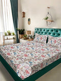 Aura White & Pink Floral 300 TC Fitted Double King Bedsheet Set-2.50 m x 2.25 m