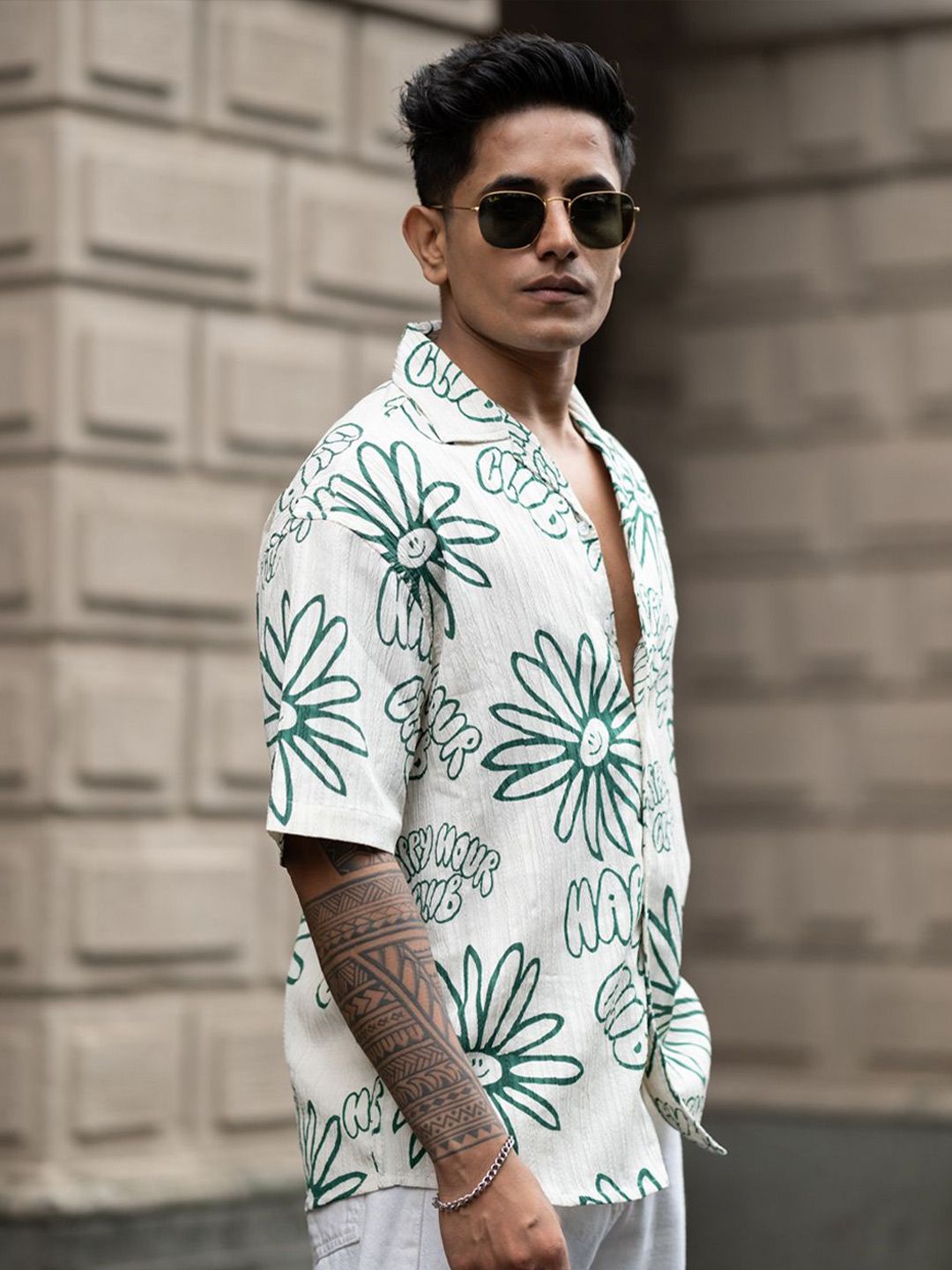 Powerlook Men Cuban Collar Floral Printed Oversized Casual Shirt