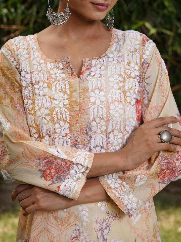 House of Chikankari Women Floral Printed Chikankari Indie Florals Kurta
