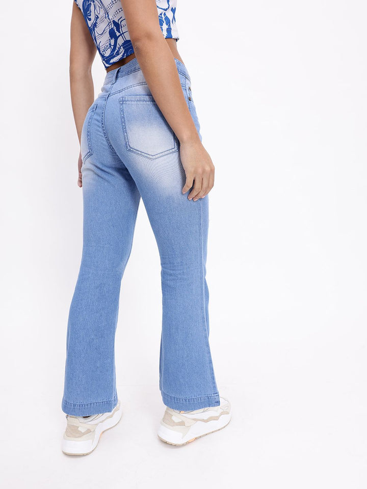 DressBerry Women Vintage Flair Mildly Ripped Heavy Fade Pure Cotton Flared Jeans
