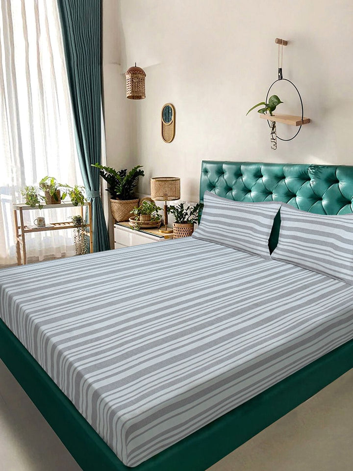 Aura Grey & Off White Striped 300 TC Fitted King Bedsheet Set 2.5 x 2.25 m