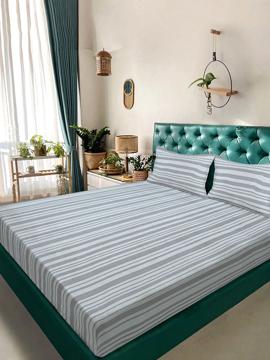 Aura Grey & Off White Striped 300 TC Fitted King Bedsheet Set 2.5 x 2.25 m