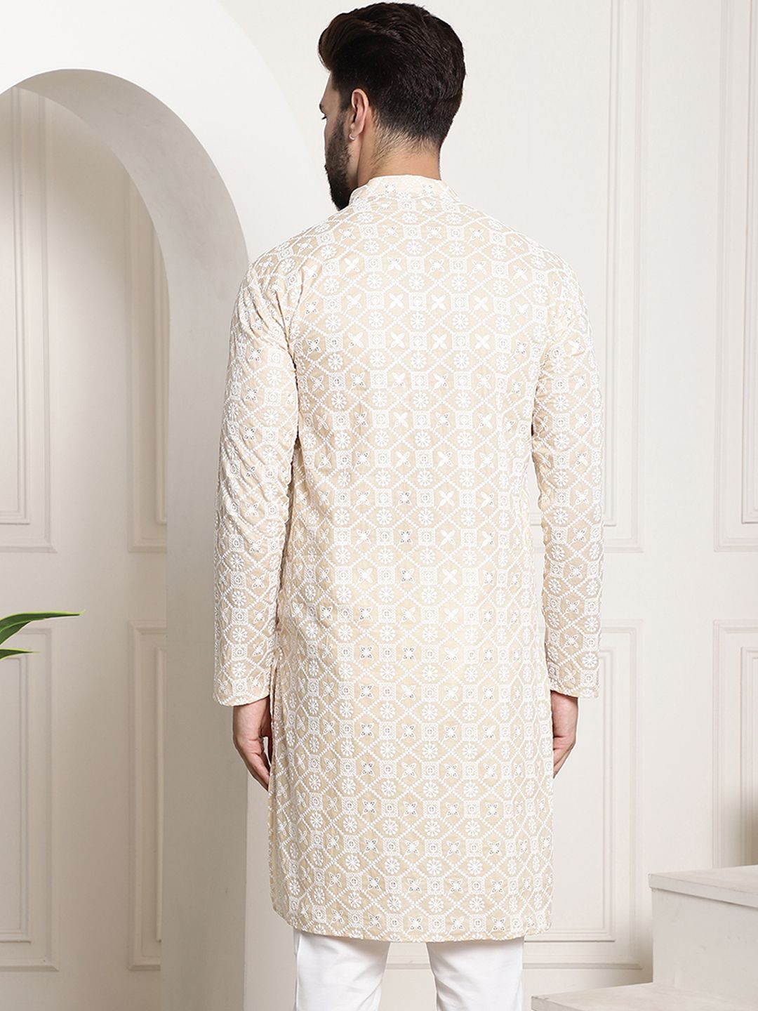 SOJANYA Band Collar Ethnic Motifs Embroidered Thread Work Cotton Kurta