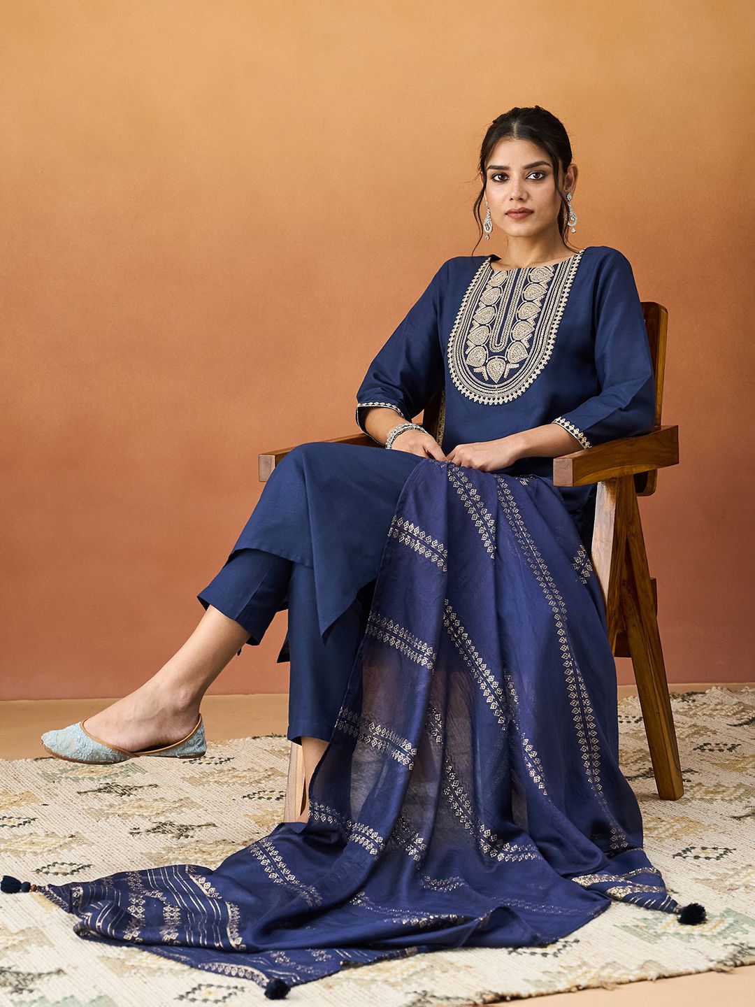KALINI Ethnic Motifs Embroidered Straight Kurta With Trousers & Dupatta