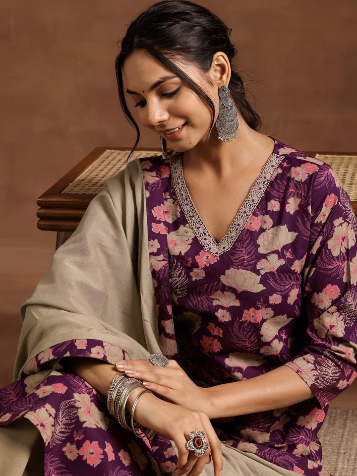 Libas Floral Printed V-Neck Sraight Kurta With Trousers And Dupatta