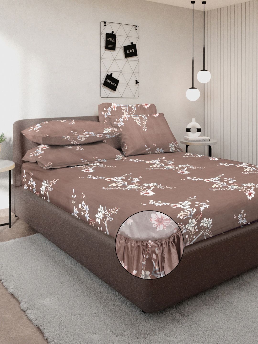 Myntra Elegant Homes Coklat & Putih Floral 300 TC Cadar Katil King dengan 2 Sarung Bantal