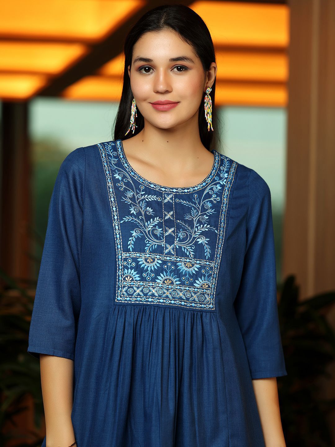 Libas Floral Yoke Design Thread Work Thread Work Pleated Kurti