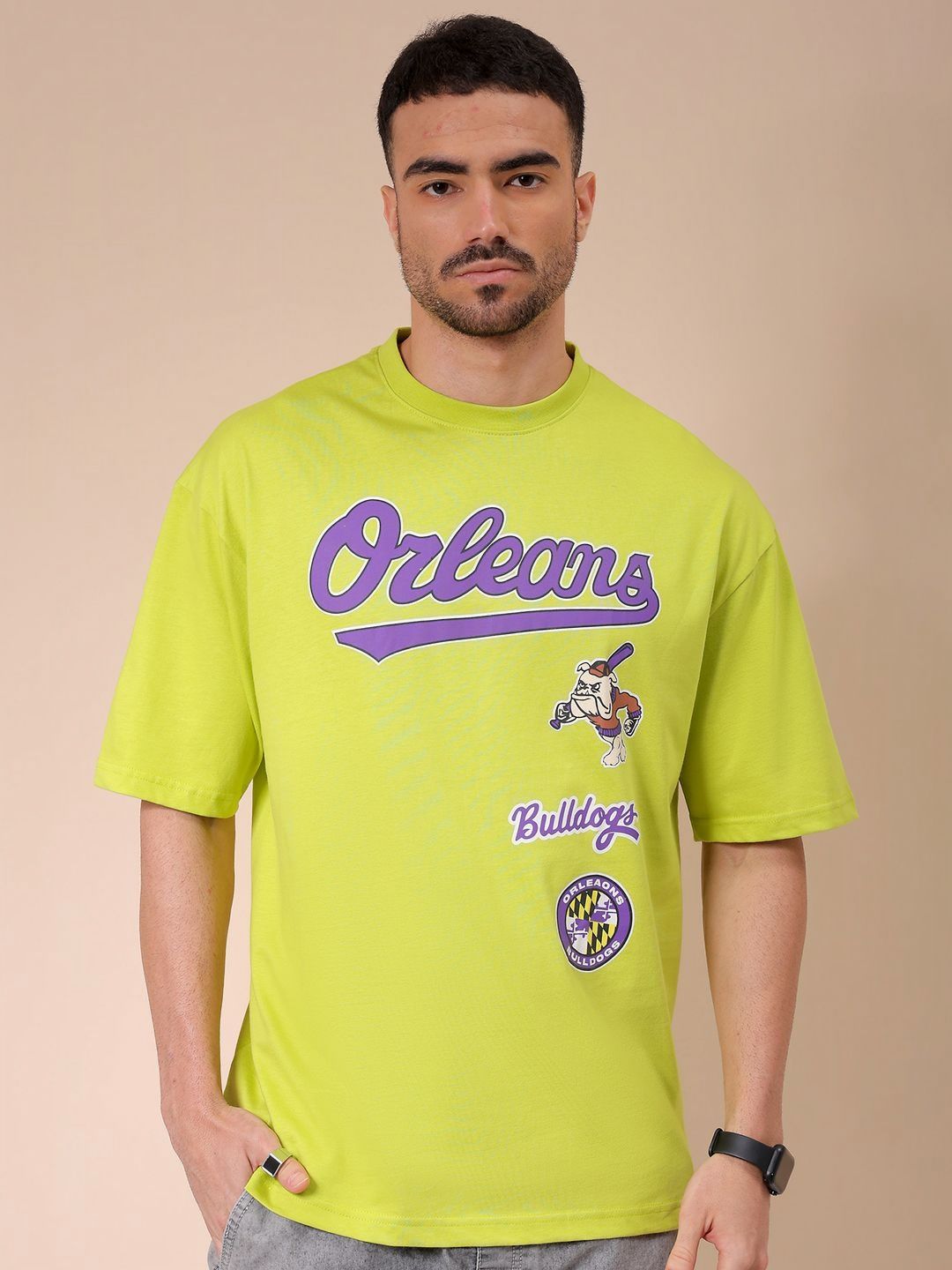 The Indian Garage Co Men Typography Printed Round Neck Cotton Oversized T-shirt