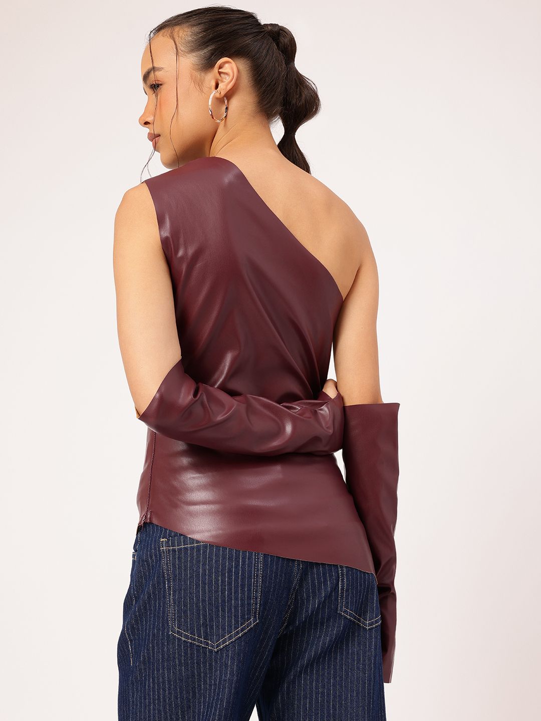 DressBerry Glossed-Up Faux Leather Asymmetric Top With Hand Gloves