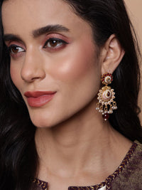 PANASH Gold-Plated Contemporary Stone Studded & Beaded Drop Earrings