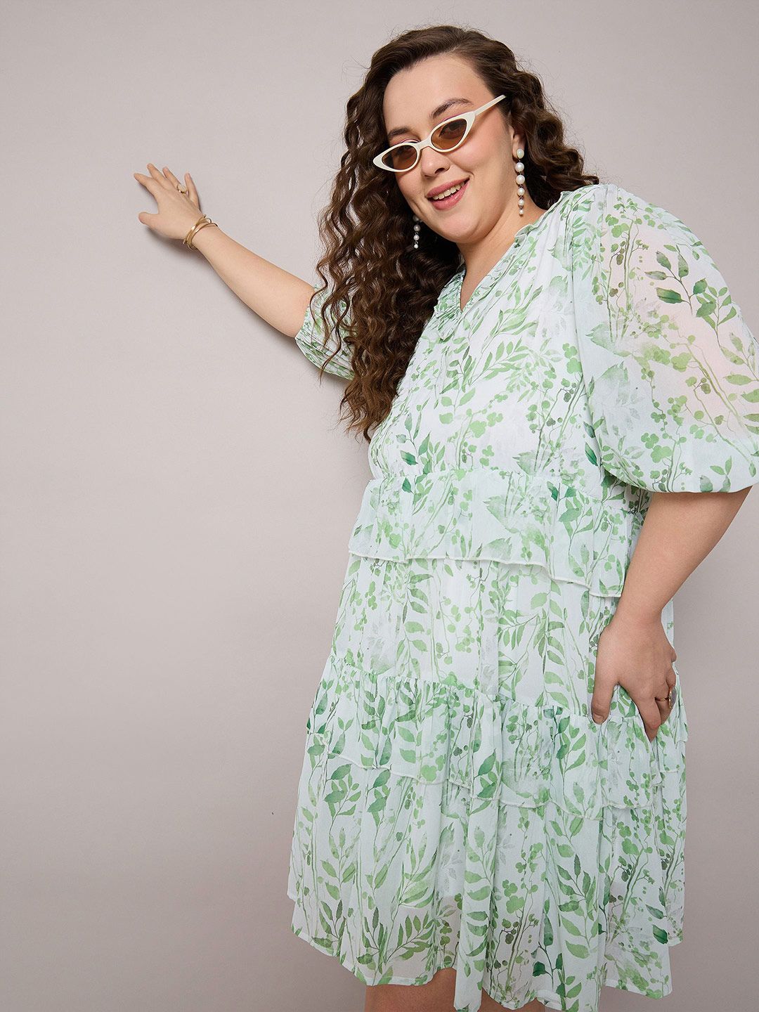 SASSAFRAS Curve Women Plus Size Floral Print Layered Fit & Flare Dress