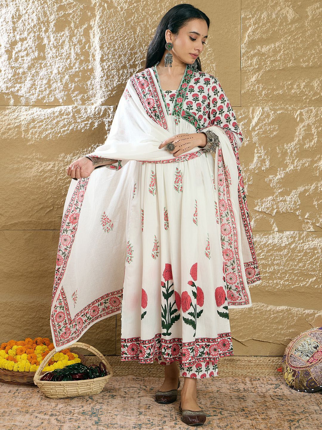 Indo Era Women Ethnic Motifs Printed Pure Cotton Kurta with Trousers & With Dupatta