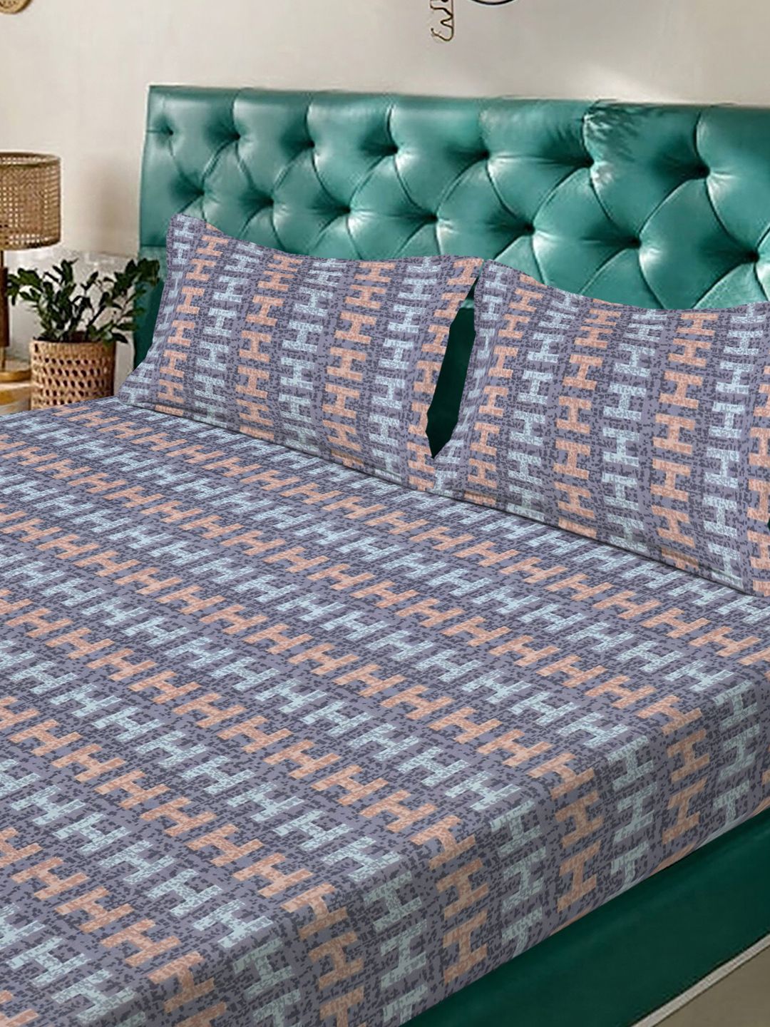 KLOTTHE Purple & Brown Abstract Printed Fitted 400 TC King Bedsheet With 2 Pillow Cover