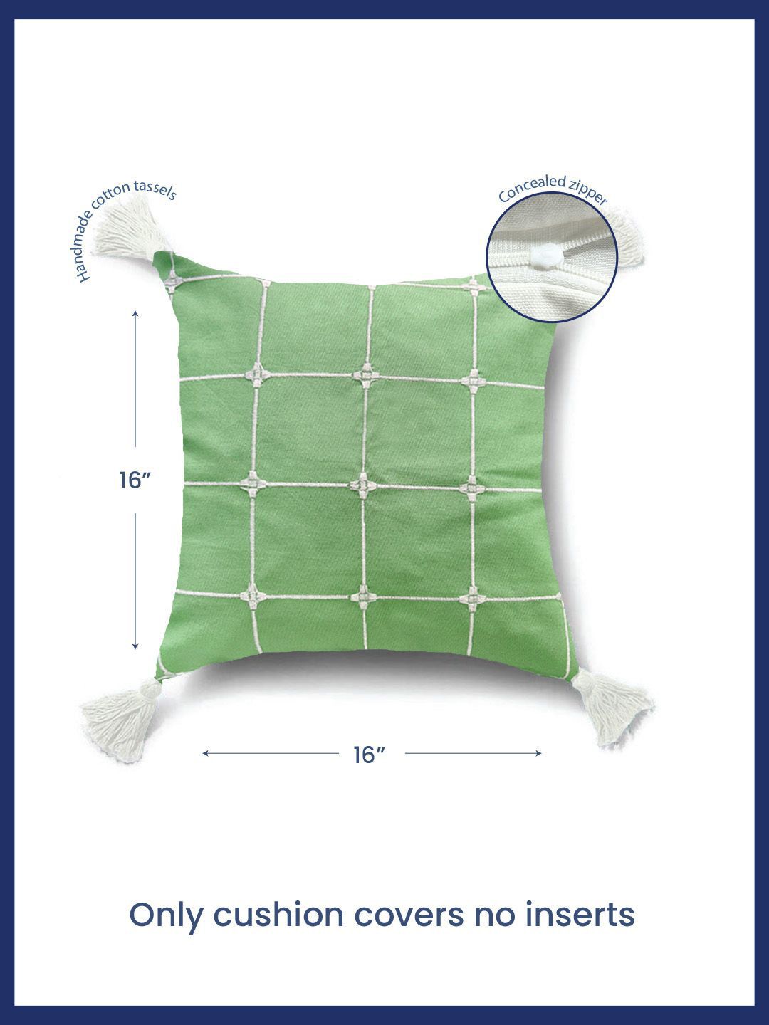 URBAN SPACE Green & White 2 Pieces Embroidered Pure Cotton Square Cushion Covers
