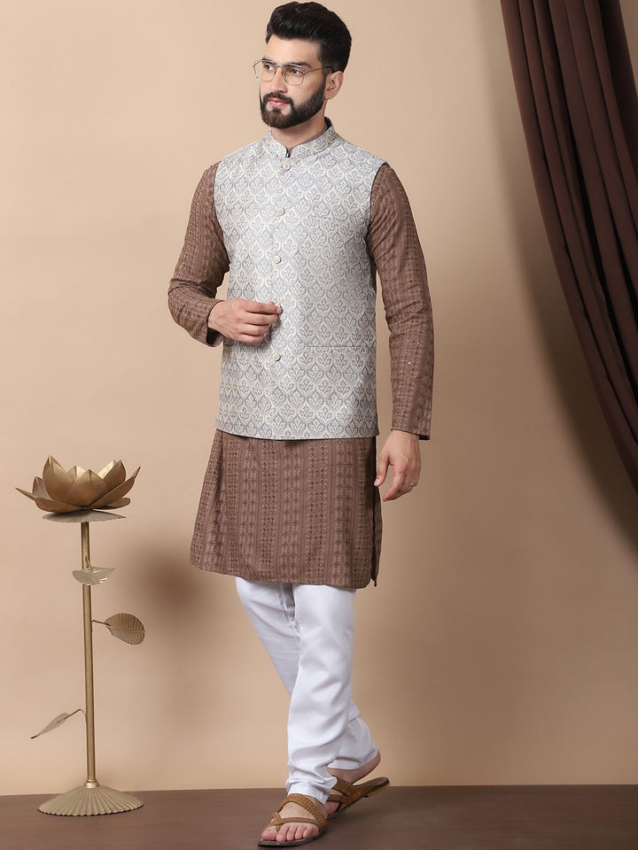 Anouk Brown Floral Embroidered Sequinned Pure Cotton Kurta with Churidar & Nehru Jacket