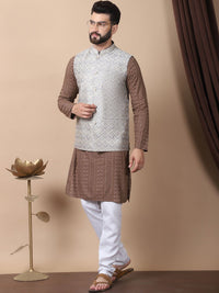 Anouk Brown Floral Embroidered Sequinned Pure Cotton Kurta with Churidar & Nehru Jacket