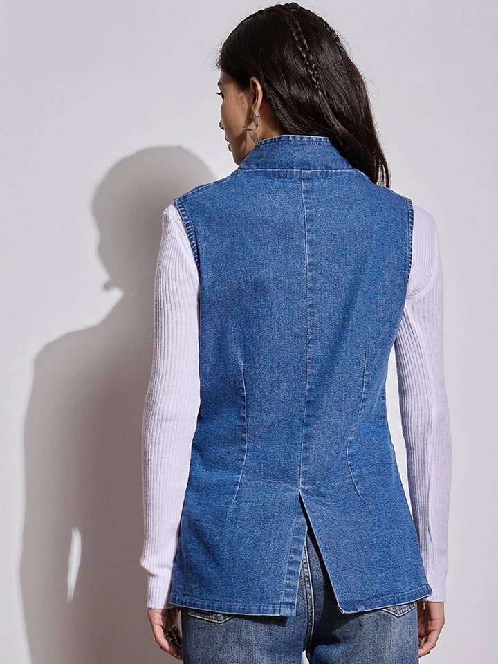 Sassafras wanita lapel collar dibasuh jaket denim kasual pepejal