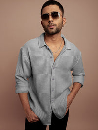 Powerlook Men Spread Collar Textured Solid Cotton Canvas Casual Shirt