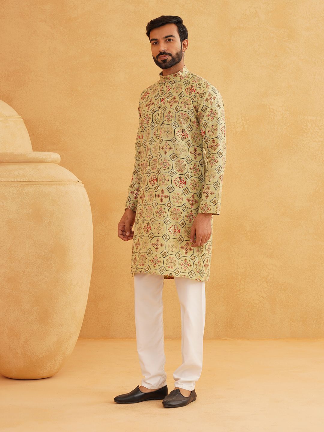 SOJANYA Ethnic Motifs Printed Band Collar Straight Kurta With Churidar