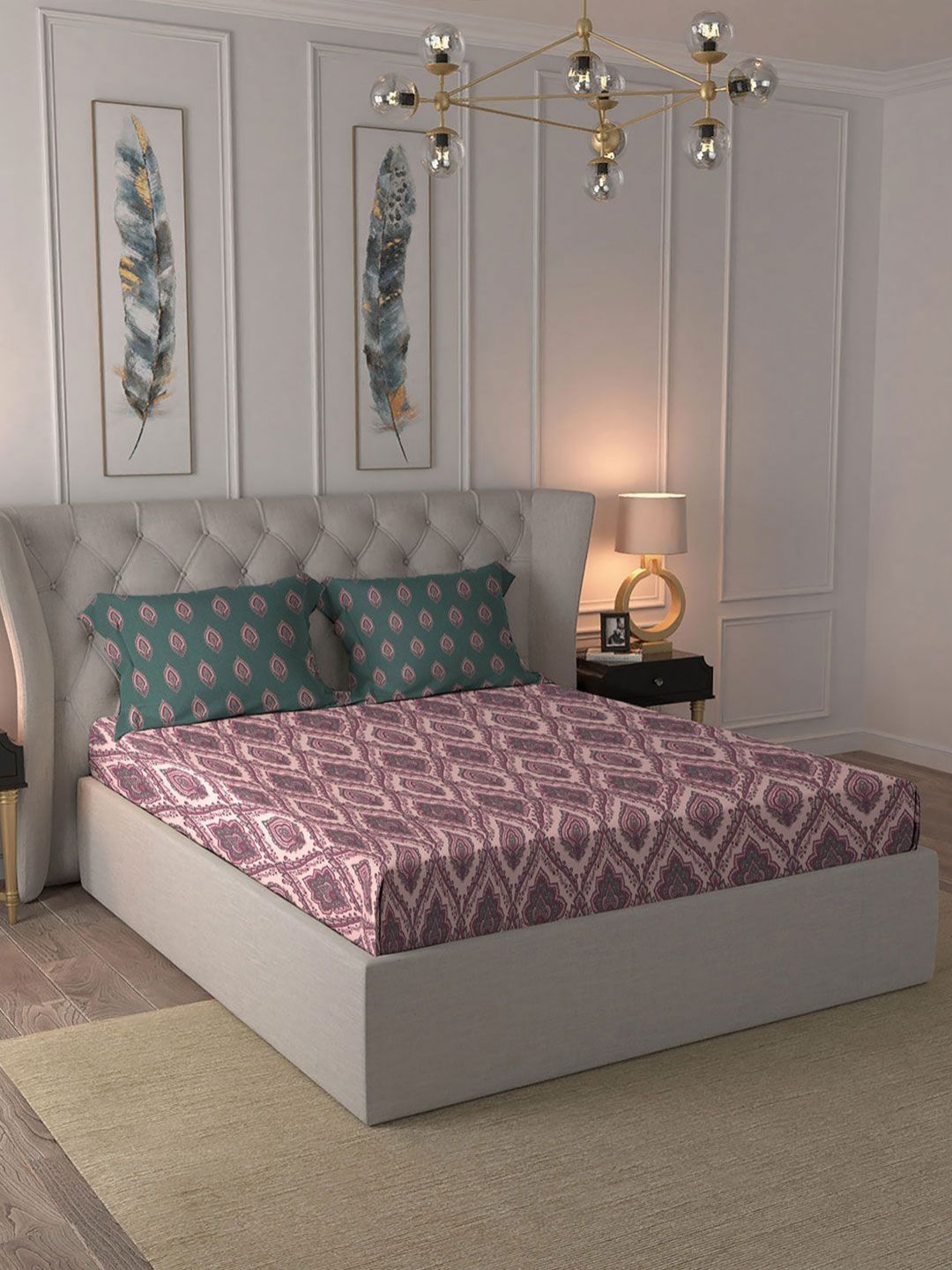 MYTRIDENT Celebration Pink Floral Printed Cotton 144 TC Queen Bedsheet Set