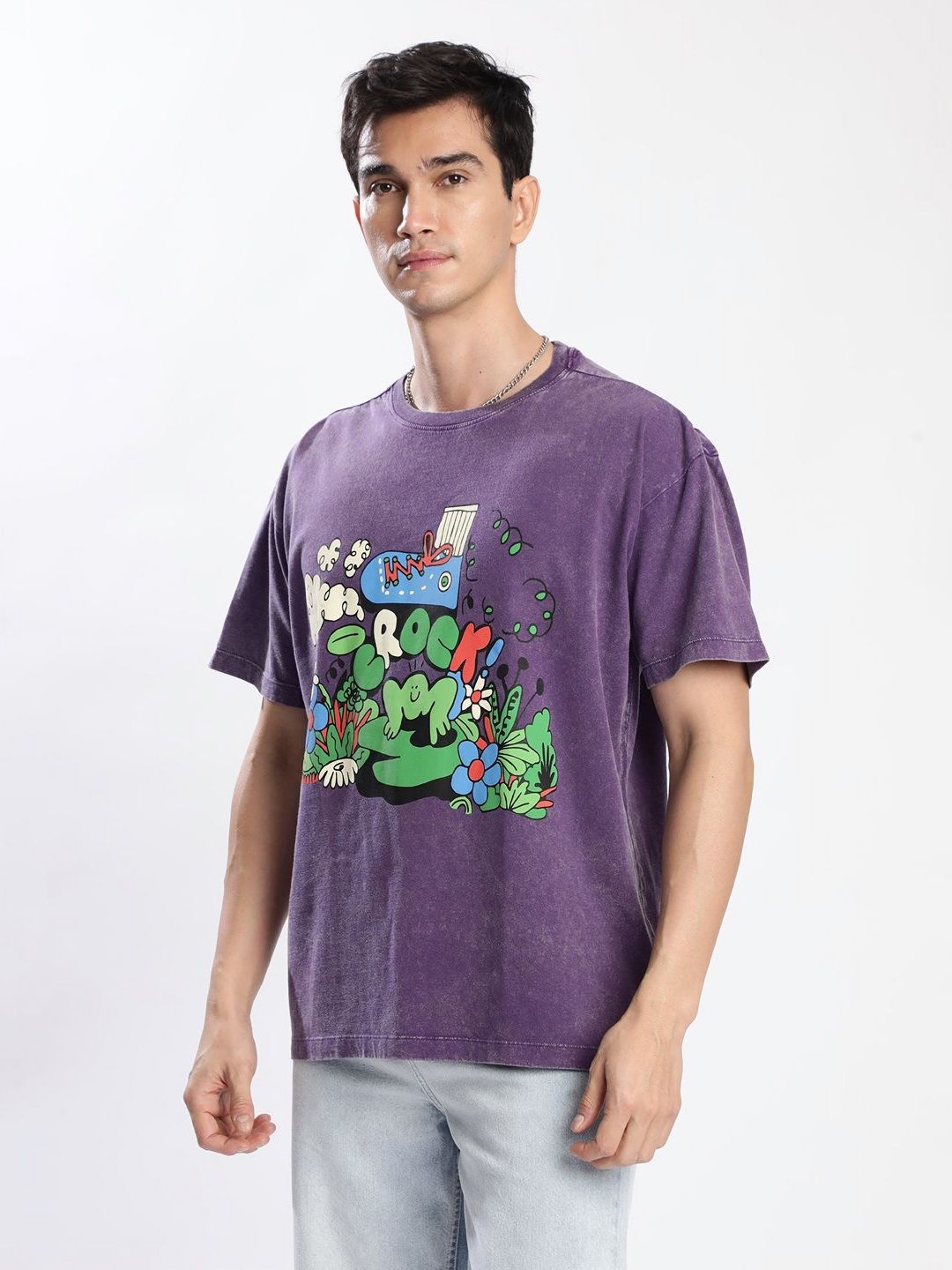 Bene Kleed Men Printed Drop-Shoulder Sleeves Acid Wash T-shirt