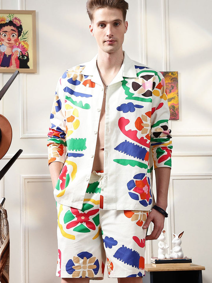 Eszett Ethnic Motifs Printed Spread Collar Oversized Pure Cotton Shirt With Shorts