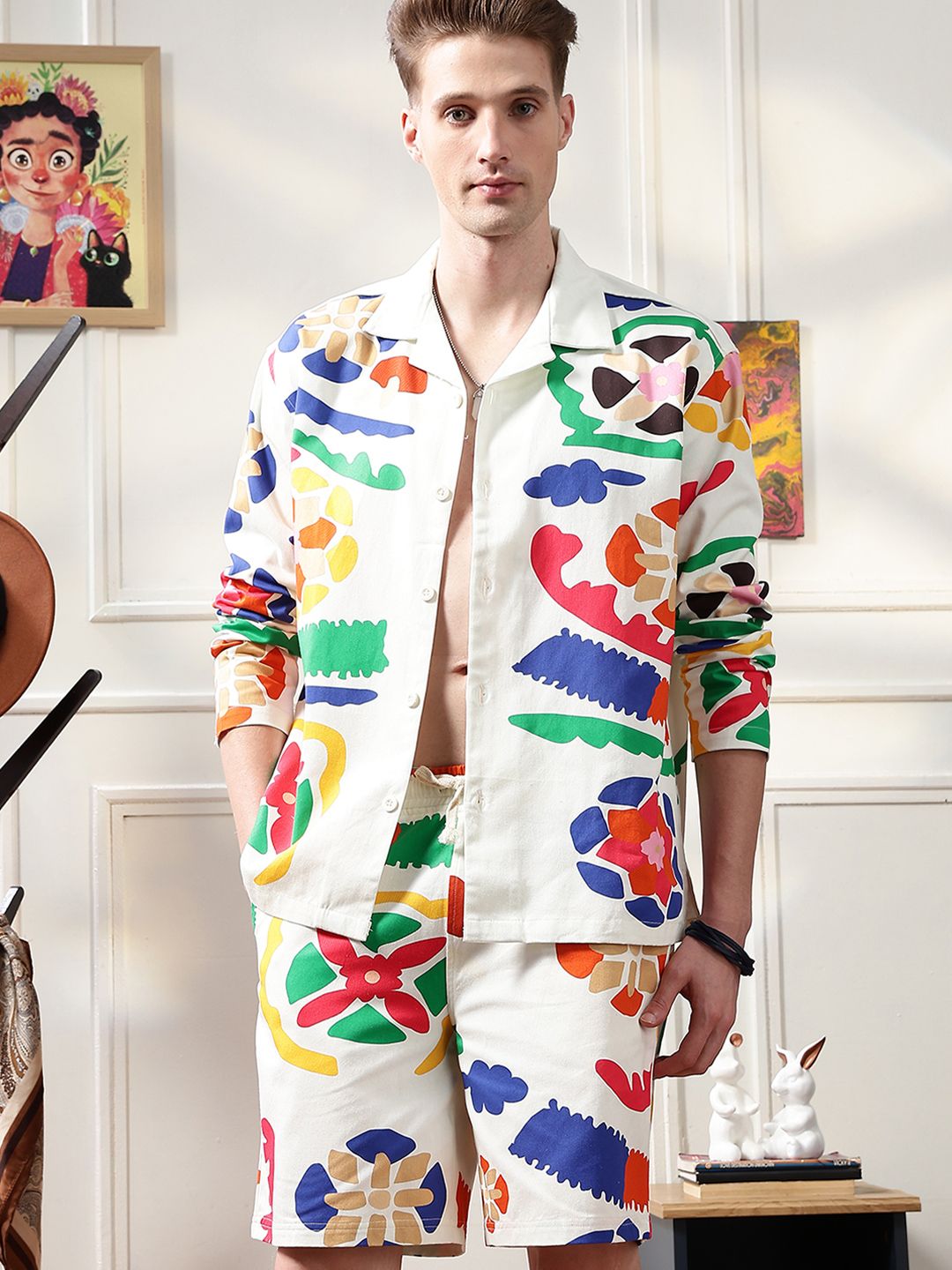 Eszett Ethnic Motifs Printed Spread Collar Oversized Pure Cotton Shirt With Shorts