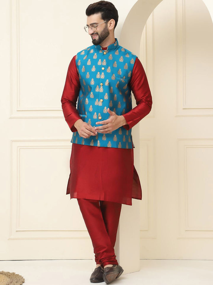 SOJANYA Mandarin Collar Silk Cotton Kurta With Churidar & Woven Design Nehru Jacket