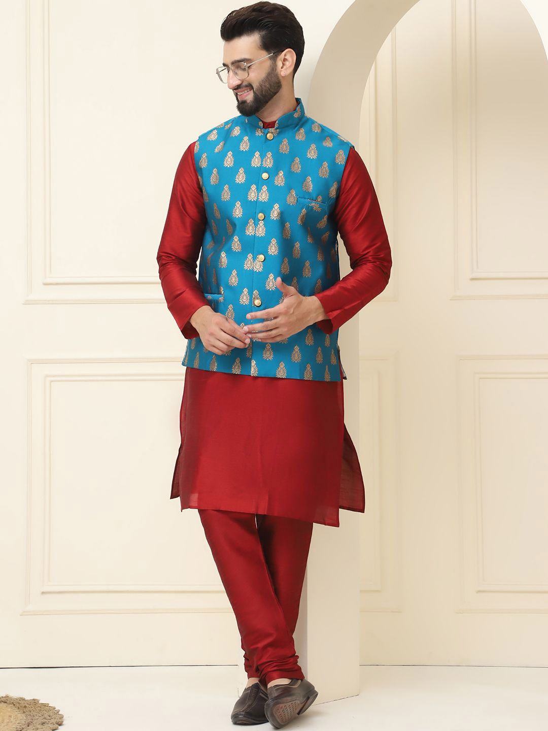 SOJANYA Mandarin Collar Silk Cotton Kurta With Churidar & Woven Design Nehru Jacket