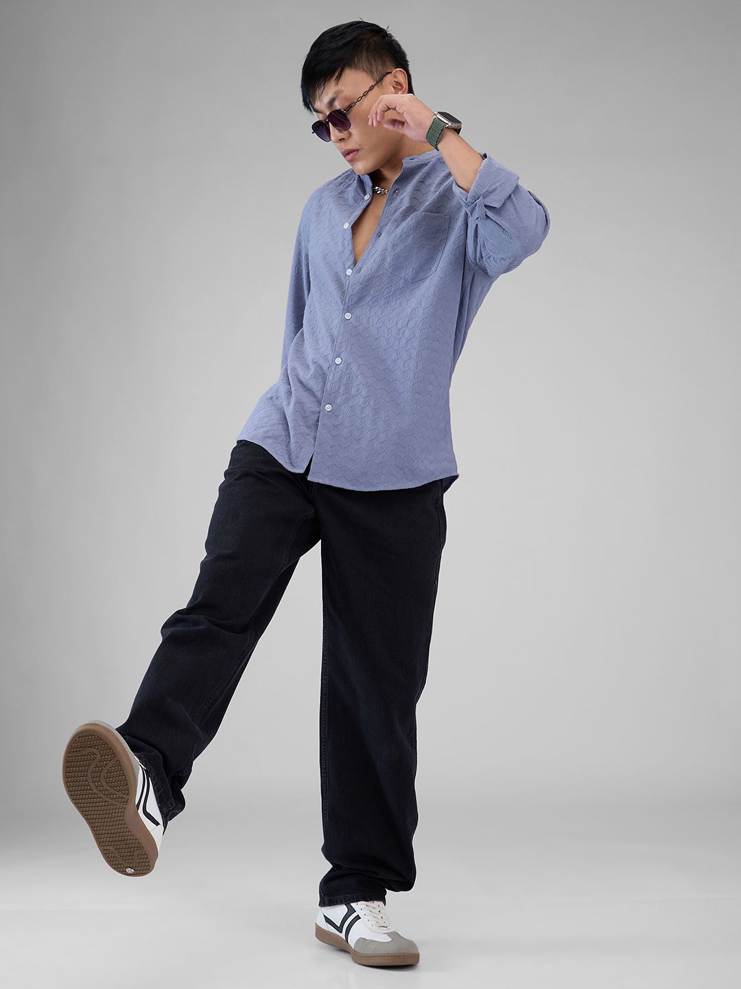VASTRADO Men Classic Mandarin Collar Textured Casual Shirt