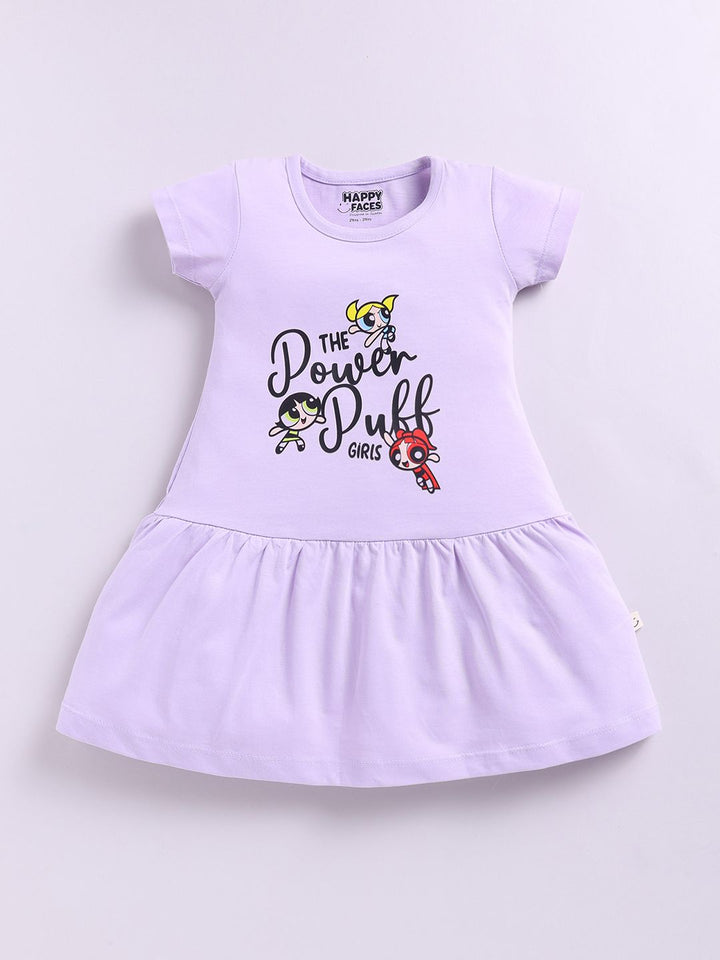 Happy Faces Girls Powerpuff Printed Pure Cotton Fit & Flare Dress