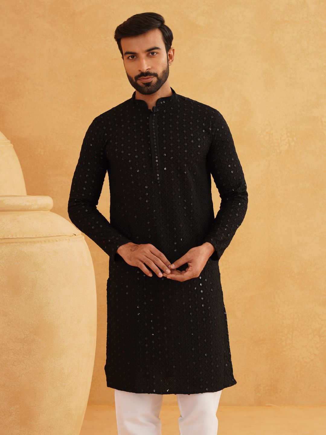SOJANYA Woven Design Embroidered Sequinned Pure Cotton Kurta with Pyjama