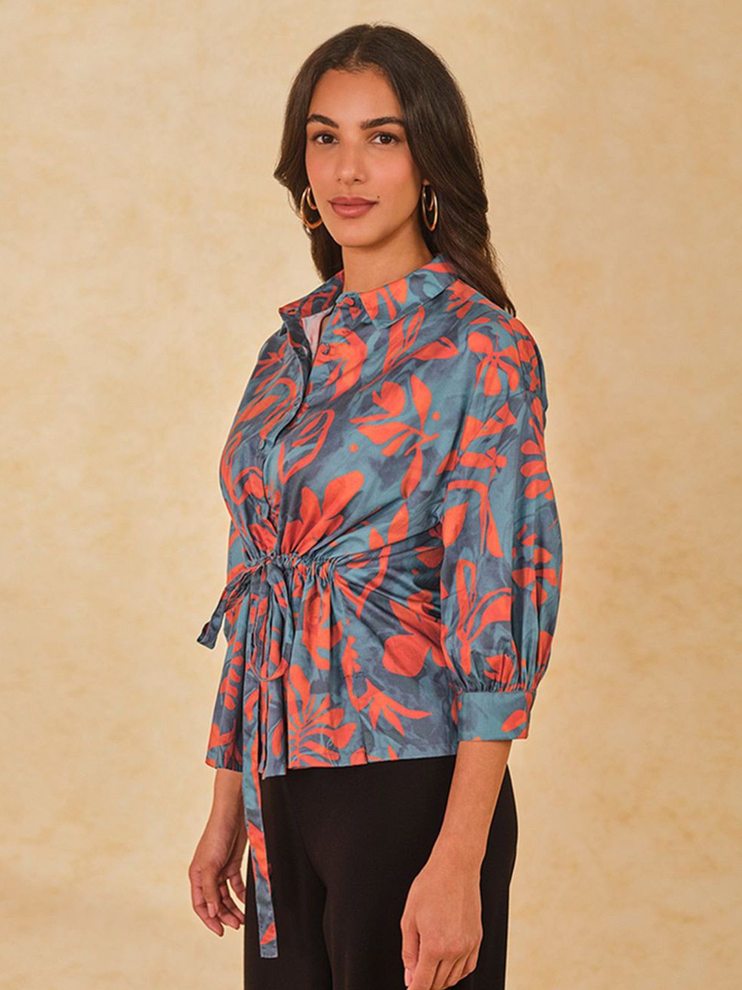 AND Women Abstract Printed Shirt Collar Cotton Top