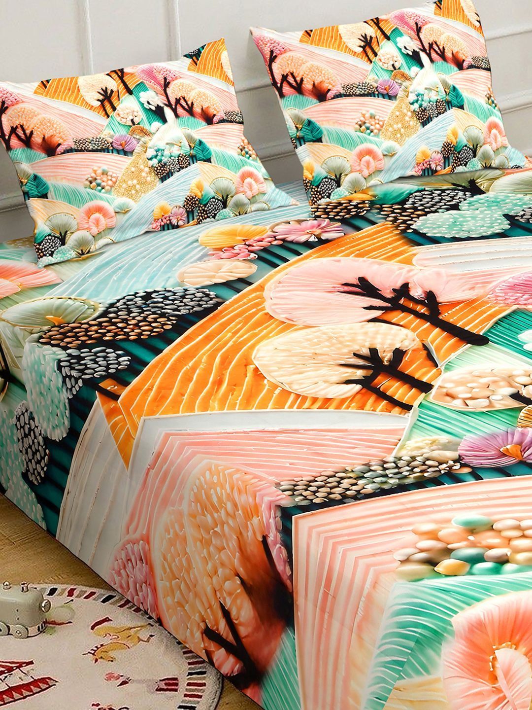 Cadar Katil Superfine Berbilang Bunga Bercetak 7D 400 TC Double King Dengan 2 Sarung Bantal