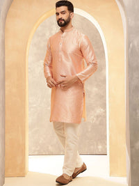 Anouk Peach Motif Etnik Tenunan Rekaan Jalur Kolar Jacquard Kurta Lurus